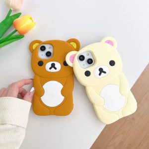 Ultra Thick Soft Silicone Case for Apple Teddy Bear Animal 3D Cartoon Japanese Cute Lovely Adorable Kawaii Kids Girls Women (Beige, for iPhone 15)