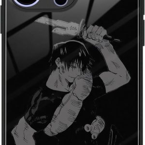 Anime Phone Case for iPhone 16 Pro Max, 9H Tempered Glass Back Soft Silicone Bumper, Japanese Manga Style Glossy Cover