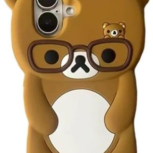 Ultra Thick Soft Silicone 3D Cartoon Glasses Bear Phone Case for Apple Japan Japanese Teddy Super Cute Lovely Adorable Creative Fun Kids Girls (Brown, for iPhone 16)