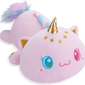 AIXINI 5 in 1 Plush Pillow Toys Set – Pink Salamander, Keji Pig, Bee, Strawberry, Panda, Cute Stuffed Animals Pillows for Kids, Soft Cartoon Bedroom Decor Gifts (Unicorn, Medium Size)