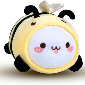 AIXINI 5 in 1 Plush Pillow Toys Set – Pink Salamander, Keji Pig, Bee, Strawberry, Panda, Cute Stuffed Animals Pillows for Kids, Soft Cartoon Bedroom Decor Gifts (bee, Medium Size)