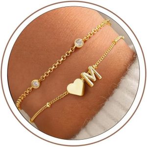 Turandoss Heart Initial Bracelets for Teen Girls – 14K Gold Plated Layered Initial Bracelets Heart Letter A-Z Charm Bracelet Stack Mom Daughter Jewelry Birthday Gifts for Women Teen Girls