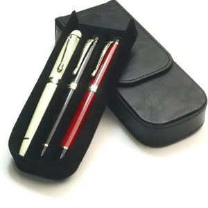 PU Leather Triple Pen Case Pencil Pouch Holder for Three Fountain Ballpoint Rollerball Pens and Pencils Gift Choice for Man/Woman/Office (Black)