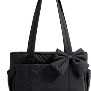 BAGSMART Crush Bow Tote Bag for Women, Large Work Tote with 40oz Tumbler, Puffer Travel Tote Bag for Work, Yoga, Gym