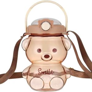 XGZ Kawaii Bear Water Bottle,Cute Water Bottles with Adjustable & Removable Shoulder Strap, Large Capacity Straw Bottle for Outdoor and Indoor Activities,1000ml/34oz (brown)