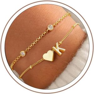 Turandoss Heart Initial Bracelets for Teen Girls – 14K Gold Plated Layered Initial Bracelets Heart Letter A-Z Charm Bracelet Stack Mom Daughter Jewelry Birthday Gifts for Women Teen Girls
