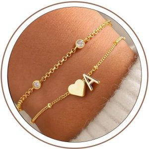 Turandoss Heart Initial Bracelets for Teen Girls – 14K Gold Plated Layered Initial Bracelets Heart Letter A-Z Charm Bracelet Stack Mom Daughter Jewelry Birthday Gifts for Women Teen Girls