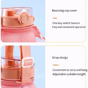 The cute bear-shaped water bottle with a hanging rope and a straw. It is leak-proof, lightweight, safe and durable, suitable for girls, women, sports, camping, picnic and hiking. (pink)