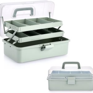 BTSKY 3-Layer Plastic Dividing Storage Box Craft Organizer and Storage with Adjustable Spacers Portable Handled Art Supply Organizer Multipurpose Home Utility Box for Medicine Sewing(Haze Green)