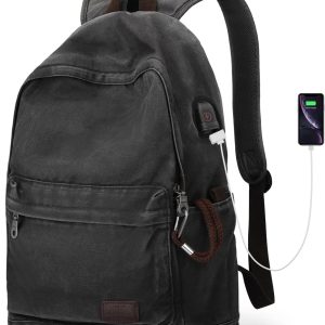 Muzee Canvas Backpack for Women and Men, Lightweight Classic Laptop Backpack with USB Charging Port for School, Travel and Daily Use, Black