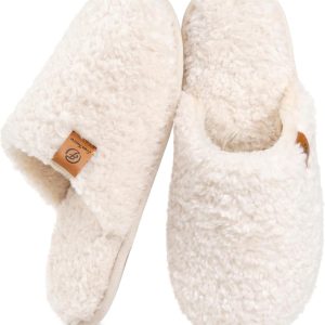 EverFoams Women’s Fuzzy Slip-on Slippers Warm Cozy Soft Lightweight Memory Foam Indoor House Shoes