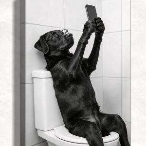 HomeifHue Funny Dog Bathroom Wall Art, Cute Dog Wearing Glasses Sitting on Toilet Looking at Phone Wall Decor Painting, Black and White Animal Canvas Pictures for Bathroom Restroom(f1 6x8in)