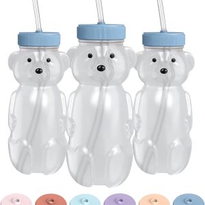 The 730 Project Honey Bear Straw Cup for Babies, 8-oz Honey Bear Cup with Lid, 3-Pack Therapy Learning Honeybear Straw, Baby Bottle Set, Blueberry Pie BLUE