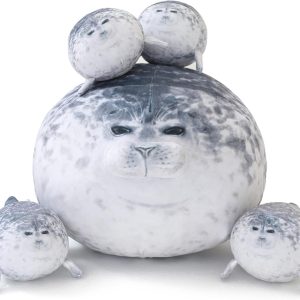 SQEQE Chubby Seal Pillow Plush with 4 Baby Seal Plushies in Her Tummy, Stuffed Cotton Plush Animal Toy for Kids and Adult Gift