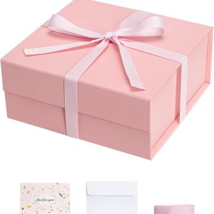 Pink Gift Boxes with Lids Pack of 1, 6x6x3 Inches Small Gift Box with Ribbon, Collapsible Gift Boxes with Magnetic Closure for Presents, Bridesmaid Proposal Box for Family Mom Girlfriend