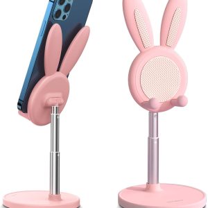 OATSBASF Cute Bunny Phone Stand, Adjustable Pink Cell Phone Holder for Desk, Weighted Base Kawaii Desk Accessories, Aesthetic Room Decor Gift for Women/Girls/Kids, Compatible with All Phones