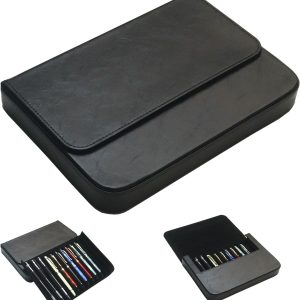 PU Leather 12 Fountain Pen/Pencil Tray Case Organizer, Fashion Design, Handmade, Magnetic Closure with Drawer, Christmas Gift for Man/Woman/Office, 12 Slots(black)