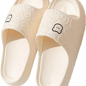 ASHALI Cute Bear Pattern Slide Slippers, Indoor Non-Slip EVA Sole, Bathroom House Shoes for Men & Women, White