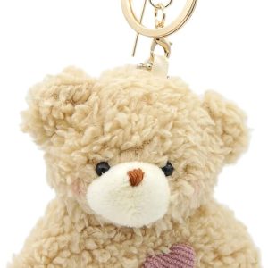 Bear Plush Keychain Toys for Kids with Purple Heart 5″ Inch Stuffed Teddy Plushie Backpack Purse Pendant Gift for Girls (B-Brown-Heart)