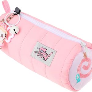Pink Kawaii Pencil Case with Cat Keychain, Cream Roll Cartoon Large Capacity Cute Cat Makeup Bag with Zipper for Women Makeup Brushes Stationery Pens Valentine’s Day Gift