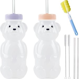 Honey Bear Straw Cups, Juice Bear Bottle Drinking Cup Long Straws with 4 Flexible Straws & Cleaning Tools, 8-Ounce Therapy Sippy Bottles for Speech and Feeding Training, Food-Grade & BPA Free 2 Pack