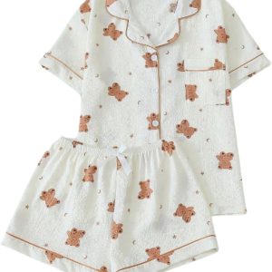Verdusa Pajamas For Women Set 2 Piece Summer Pajama Sets Cute Pjs Lounge Matching Button Shirt with Shorts