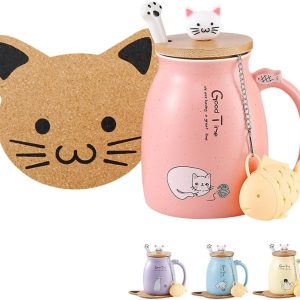 BigNoseDeer Kawaii Tea Cup with Infuser Cute Cat Mug Ceramic Coffee Mug Tea Mug Pink Cute Cool Preppy Stuff Gifts for Women Cat lover Gifts 13oz