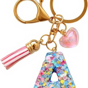 Initial letter Keychains for Girls Women Tassel Heart Charm Pink Purple Blue Cute Alphabet Keychain for Backpack