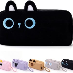 CICIMELON Cartoon Pencil Case, Large Capacity Pen Pouch with Embroidered Animal Design, School Supplies Bag for Kids, Teens, Students (Black Cat)