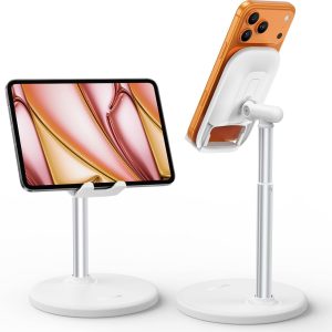 Lamicall Height Adjustable Phone Stand – White Sturdy Desktop Cell Phone Holder, Computer Office Desk Accessories for Women Kitchen Essentials, for iPhone iPad Tablet, 4-10″