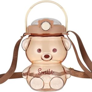 Kawaii Bear Straw Bottle,Leak-Proof Water Bottle with Adjustable & Removable Shoulder Strap for Boy and Girls (coffee)