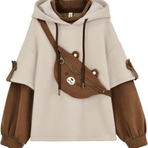 RGOSME Bear Hoodie for Girls, Cute Brown Bear Graphic Long Sleeve Hoodies Sweatshirt with Bag for Women Teen Girl and Kid