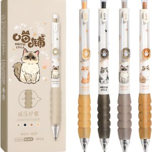 MOZXIRZ 4 Pcs Cute Retractable Pens Cat Gel Pens Cartoon Pen 0.5mm Black Ink Writing Pen Aesthetics Pens Kawaii Pen for Girls Women Boy Office School Pens (Cute Cat)