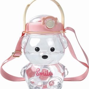 Kawaii Bear Straw Bottle,Leak-Proof Water Bottle with Adjustable & Removable Shoulder Strap for Boy and Girls (Pink)
