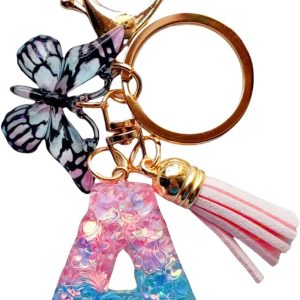 Cute Initial Letter Keychains for Women Girls Tassel Butterfly Multi-Color Keychain for Backpack School Bag