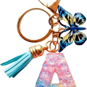 Cute Initial Letter Keychains for Women Girls Tassel Butterfly Multi-Color Keychain for Backpack School Bag