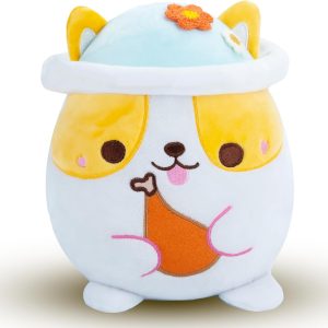 AIXINI Animal Plush Toys Set – Panda, Brown Bear, Bunny, Corgi, Pink Cat with Cute Hats, Soft Stuffed Animals for Kids, Christmas Birthday Gifts (Corgi, Medium Size)