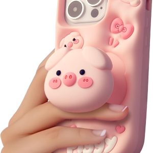 Kawaii 3D Pig Pop-Up Stand and Grip Phone Case for iPhone 14 Pro, Cute Cartoon Animal Phone Cover for Girls, Boys, Kids, Teens, and Womens Pink