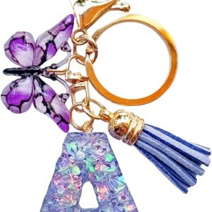 Cute Initial Letter Keychains for Women Girls Tassel Butterfly Multi-Color Keychain for Backpack School Bag