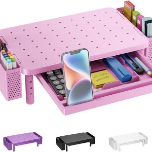 WALI Computer Monitor Stand with Storage, Desk Organizer with Drawer and Pen Holder, Desk Monitor Riser 3 Height Adjustable, Laptop Riser for Computer, Laptop, Printer (PTT003-P), 1 Pack, Pink