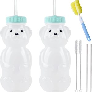 Honey Bear Straw Cups, Juice Bear Bottle Drinking Cup Long Straws with 4 Flexible Straws & Cleaning Tools, 8-Ounce Therapy Sippy Bottles for Speech and Feeding Training, Food-Grade & BPA Free 2 Pack
