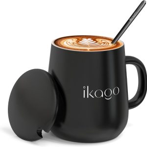 Ikago Ceramic Coffee Mug Set, 15oz Mugs with Lid and Spoon, Black Coffee Mug, Matching Mug lid, Novelty Laser Engraving Pattern, Best Gift for Coffee, Tea, Cocoa Lovers