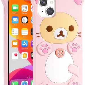 Cute Kawaii 3D Phone Case Compatible with iPhone 13 6.1″ Cartoon Pink Bear Design Fashion Cool Funny Case Soft TPU Protective Case Silicone Cover for Girls Women Kids Pink