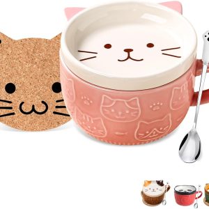 BigNoseDeer Cute Cat Mug Kawaii Tea Cup Pink Ceramic Coffee Mug with lid, Tea Cups and Saucers Preppy Stuff Cute Gifts for Women Cat Lovers Christmas Gifts 10oz