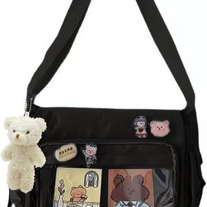 Kawaii Crossbody Ita Bag for Women with Pin & Plush Bear – Japanese Messenger Bags Y2K Shoulder Purse