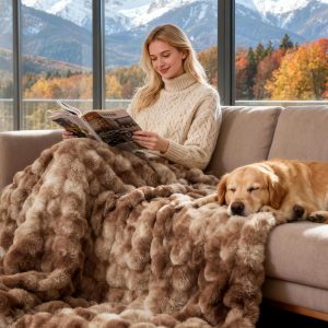 Luxury 1000GSM Faux Rabbit Fur Throw Blanket, Tie-Dye Brown, Ultra Soft Plush 3D Bubble Design, Reversible Mink Brown Blanket for Couch, Sofa, Bed & Living Room, 50″x60″, Gift for Women & Family