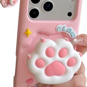 Cute 3D Cat Paw Pop-Up Stand and Grip Phone Case for iPhone 14 Pro, Kawaii Cartoon Soft Silicone Phone Cover, Adorable Girly Design for Girls, Kids, Teens, and Women, Pink