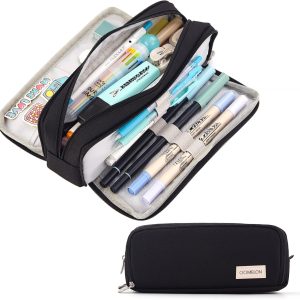 CICIMELON Large Capacity Pencil Case 3 Compartment Pouch Pen Bag for School Teen Girl Boy Men Women (Black)