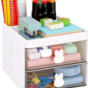 LETURE Small Desk Organizer With Drawer, Office Desktop Storage Box, Business Card/Pen/Pencil/Mobile Phone/Stationery Holder Storage Box, Makeup Organizer for Office School Home (White)
