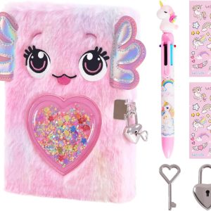 Axolotl Diary for Girls with lock and keys, Kids Journal School Travel Notebook Gift Set for Writing and Drawing,Multicolored Pen, Stickers, Birthday Gift for Girls ages 6-8